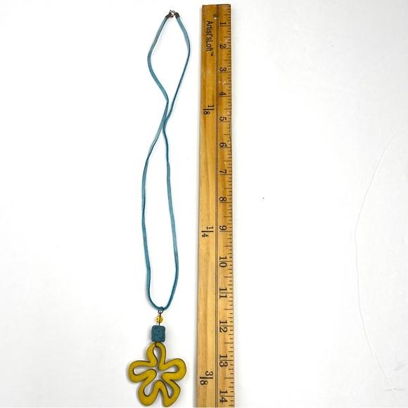 Handcrafted Yellow Wooden Flower PendantTurquoise Lava Rock on Blue Leather Cord - Picture 2 of 2